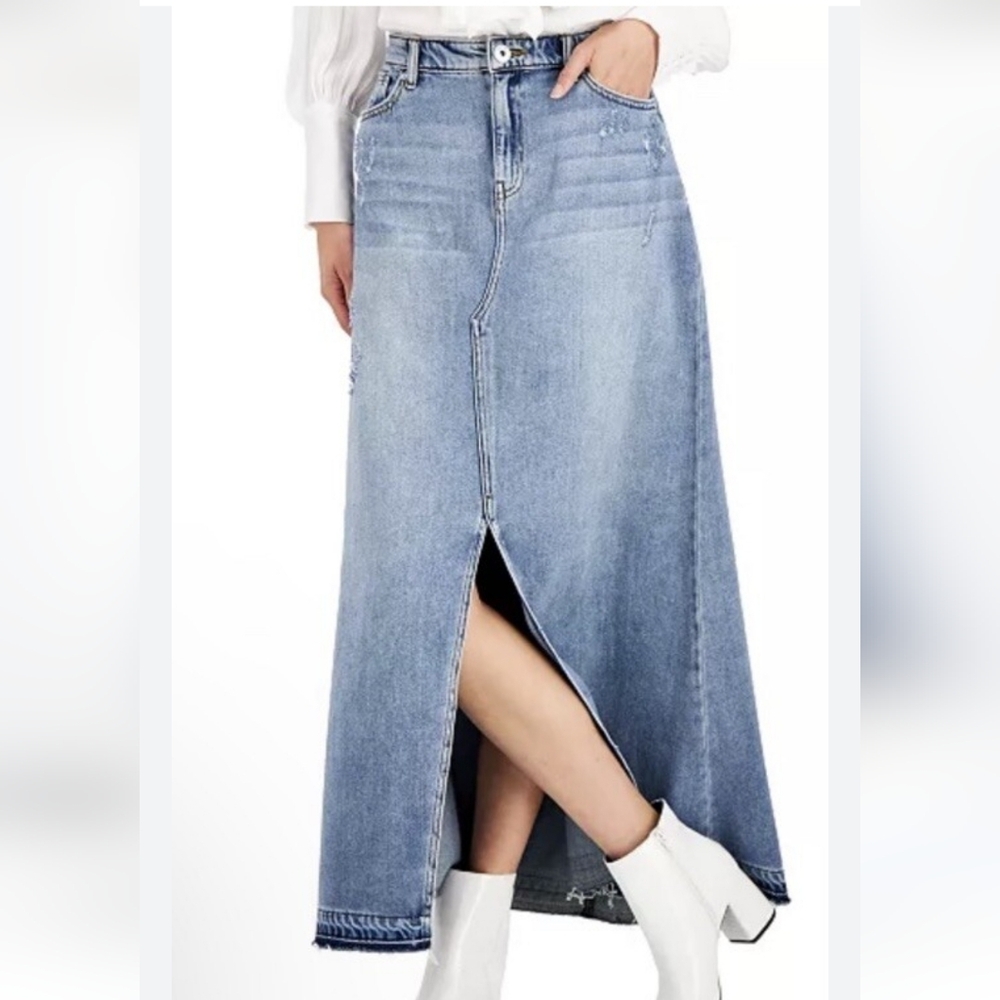 INC Skirt Blue cotton Denim Maxi skirt Womens Size 10 - Picture 1 of 6